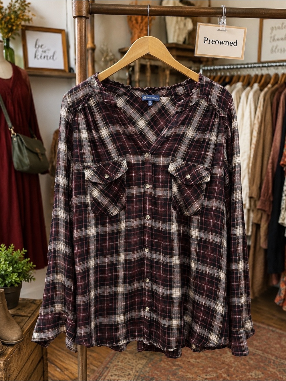 #46: Preowned Democracy Plaid Long Sleeve - Picture 2 of 3